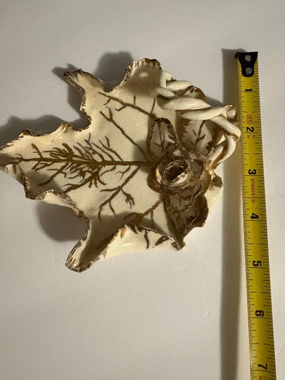 Vintage Porcelain Maple Leaf Trinket Dish w/Gold Trim and Rose Accent